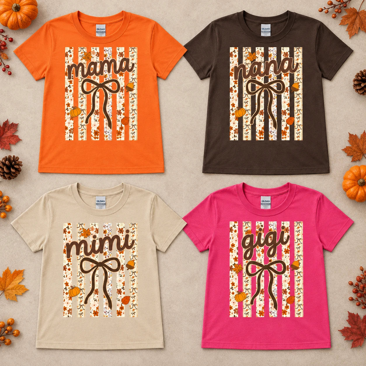Personalized Fall Grandma Mama Graphic T-Shirt, Custom Family Nickname Pumpkin Bow Floral Thanksgiving Gift for Women