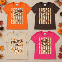 Personalized Fall Grandma Mama Graphic T-Shirt, Custom Family Nickname Pumpkin Bow Floral Thanksgiving Gift for Women