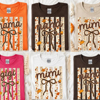 Personalized Fall Grandma Mama T-Shirt, Custom Choose Your Family Nickname, Pumpkin Bow Floral Thanksgiving Gift for Women