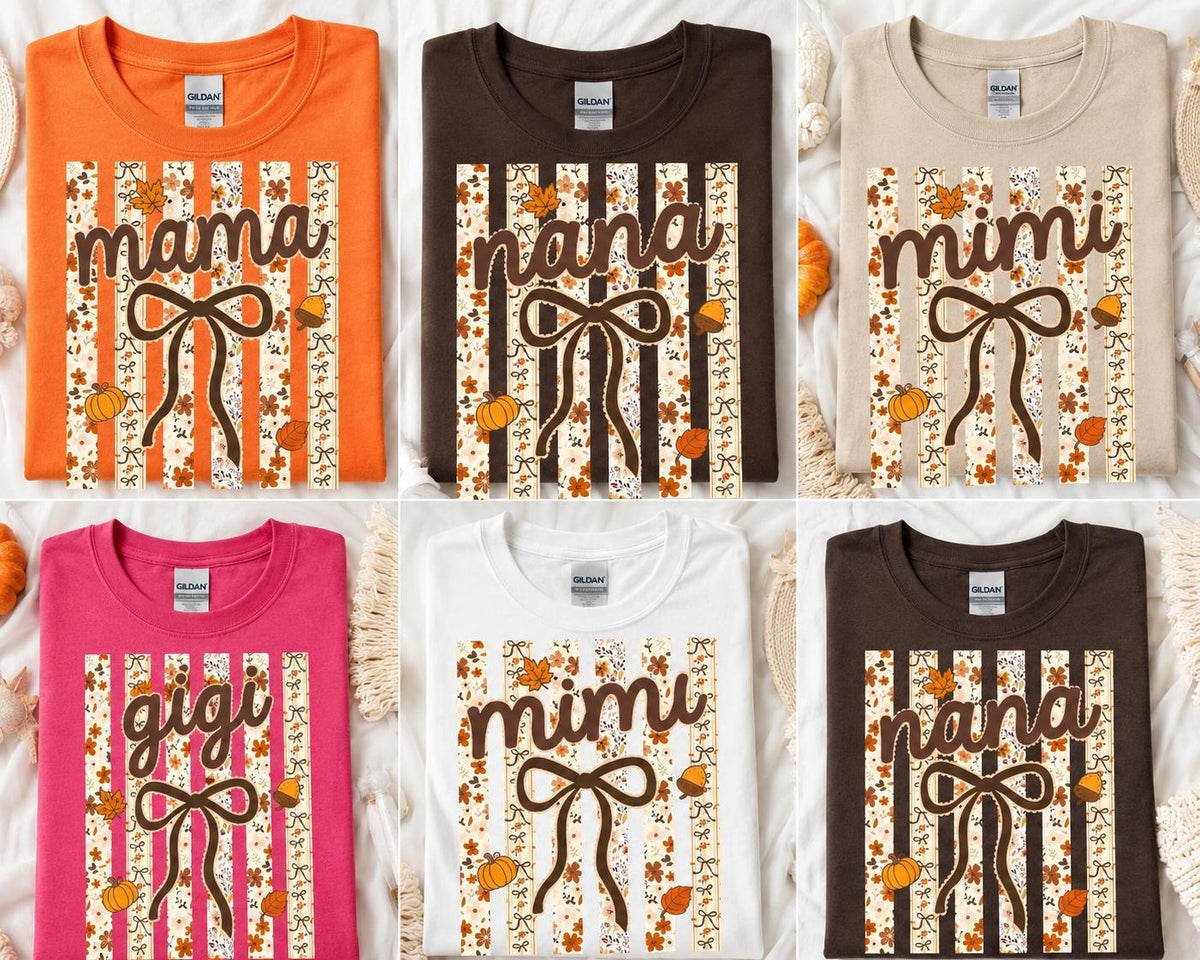 Personalized Fall Grandma Mama T-Shirt, Custom Choose Your Family Nickname, Pumpkin Bow Floral Thanksgiving Gift for Women
