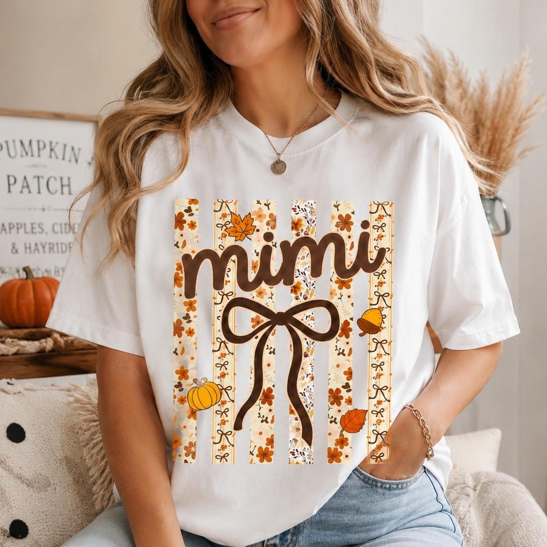 Personalized Fall Grandma Mama T-Shirt, Custom Choose Your Family Nickname, Pumpkin Bow Floral Thanksgiving Gift for Women