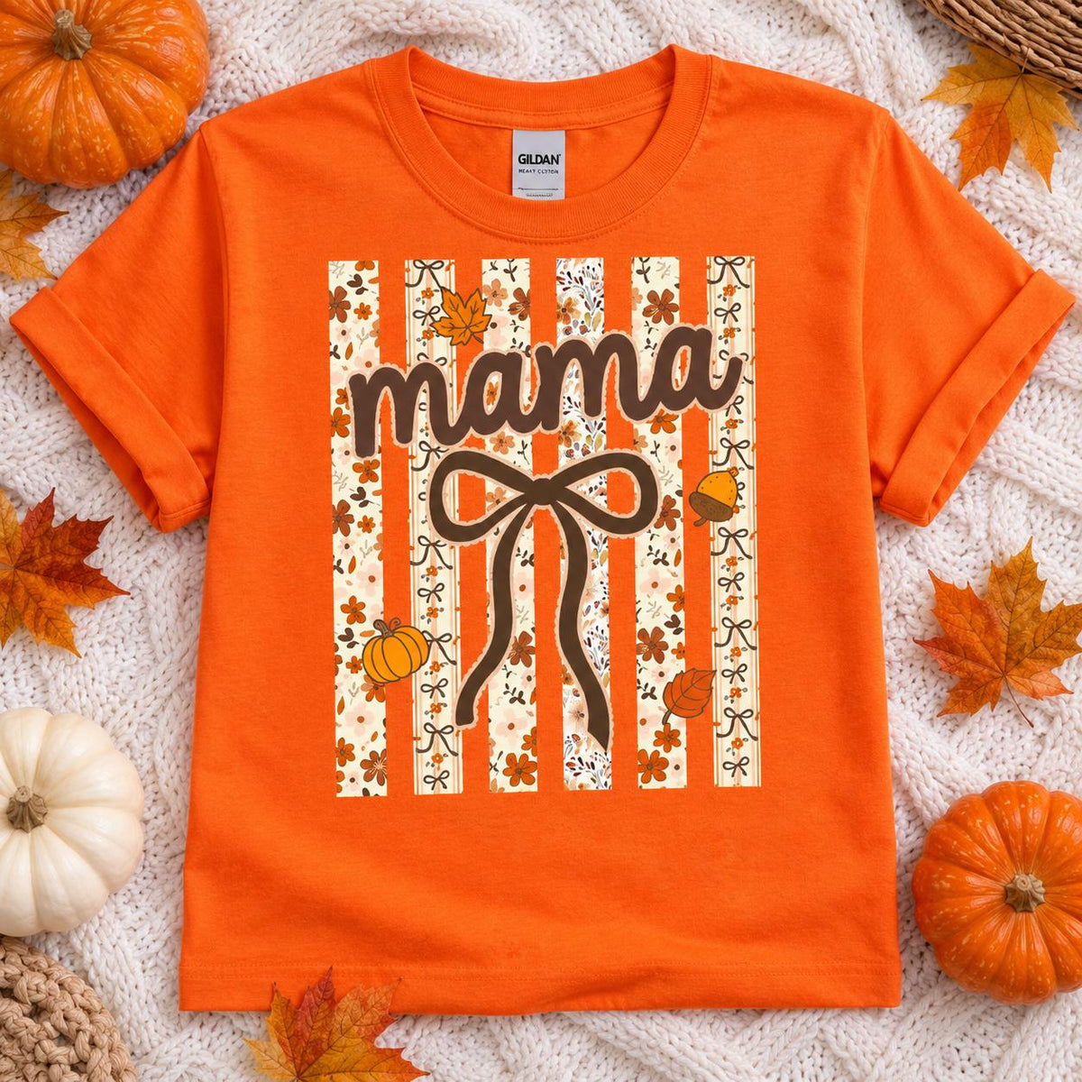 Personalized Fall Grandma Mama T-Shirt, Custom Choose Your Family Nickname, Pumpkin Bow Floral Thanksgiving Gift for Women