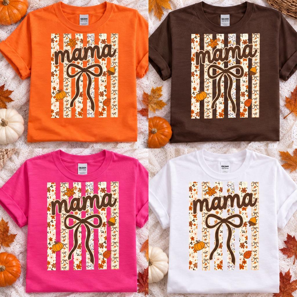 Personalized Fall Grandma Mama T-Shirt, Custom Choose Your Family Nickname, Pumpkin Bow Floral Thanksgiving Gift for Women