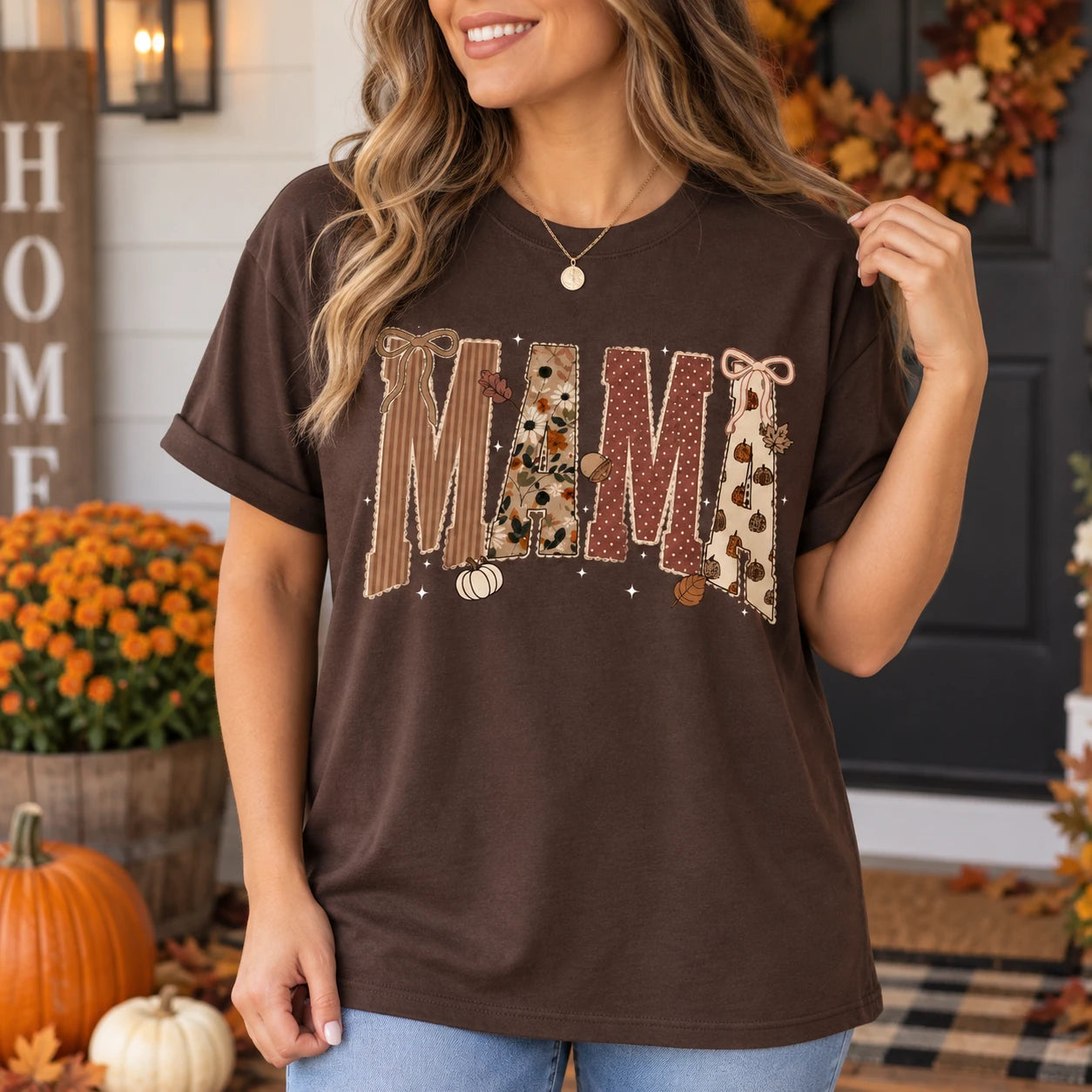 Personalized Fall Grandma Shirt Pumpkin Bow Floral Tee