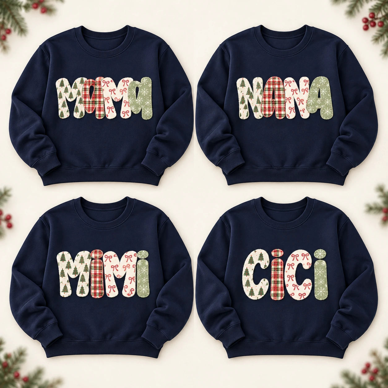 Personalized Family Christmas Sweatshirt, Custom Mama Mimi Gigi Grandma Aunt Name, Festive Plaid Patchwork, Holiday Gift for Mom or Grandma