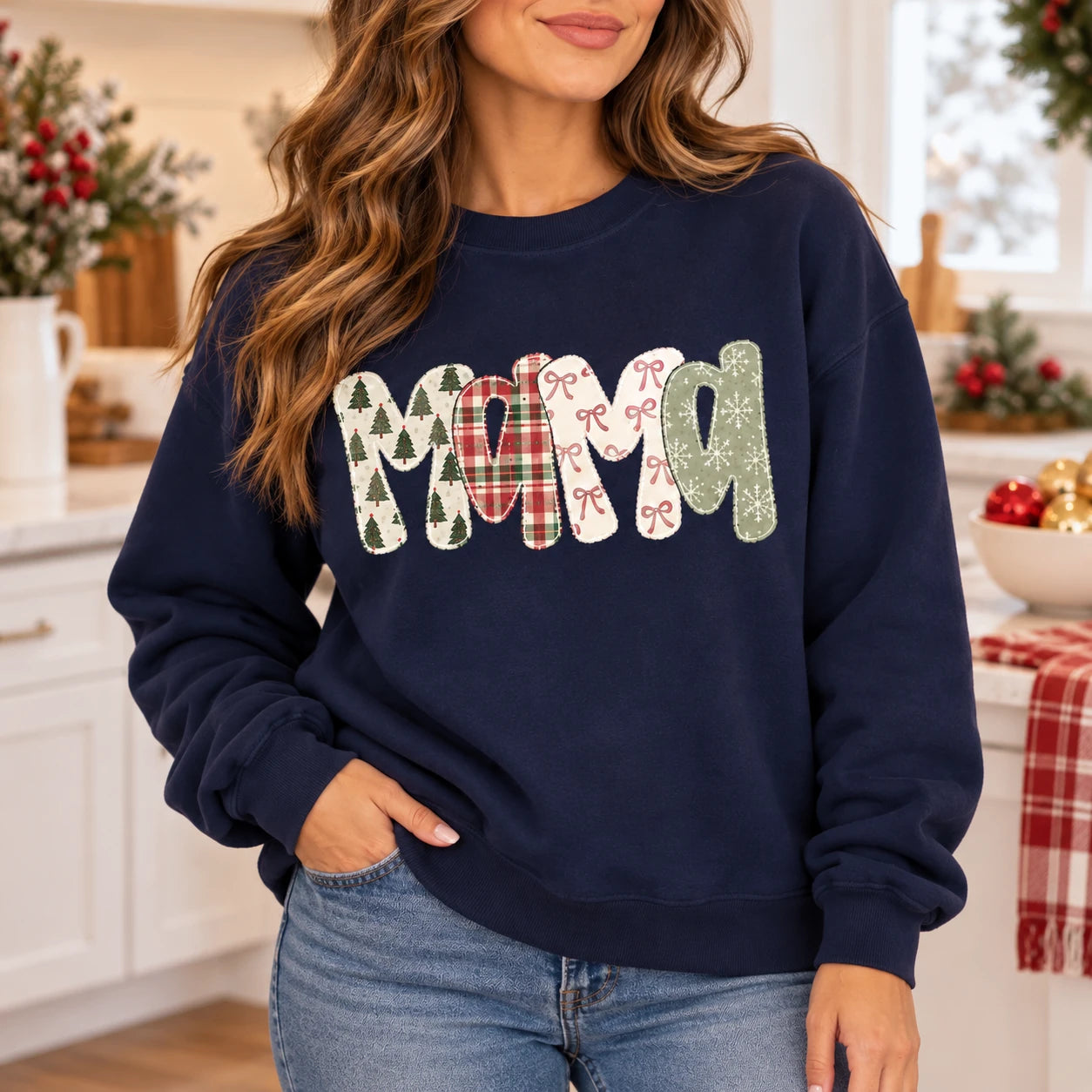 Personalized Family Christmas Sweatshirt, Custom Mama Mimi Gigi Grandma Aunt Name, Festive Plaid Patchwork, Holiday Gift for Mom or Grandma