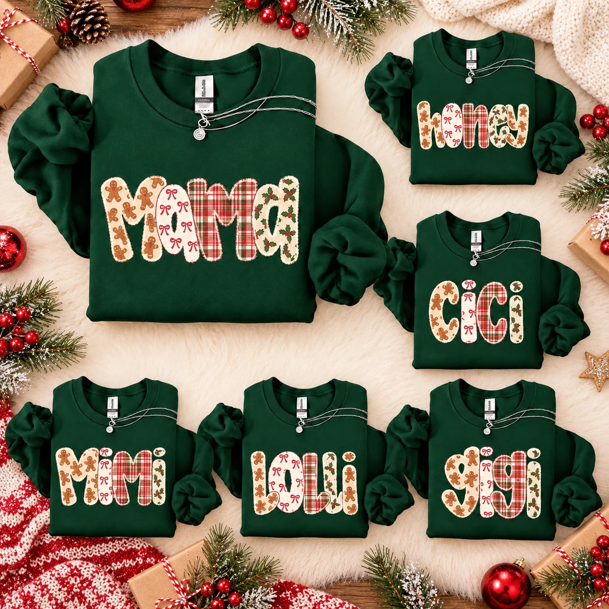 Personalized Family Name Christmas Sweatshirt for Women, Custom Mama Nana Mimi Gigi Grandma Aunt, Gingerbread Plaid Holiday Gift