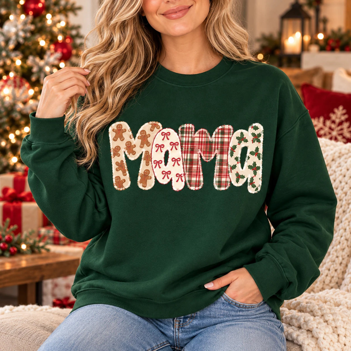 Personalized Family Name Christmas Sweatshirt for Women, Custom Mama Nana Mimi Gigi Grandma Aunt, Gingerbread Plaid Holiday Gift