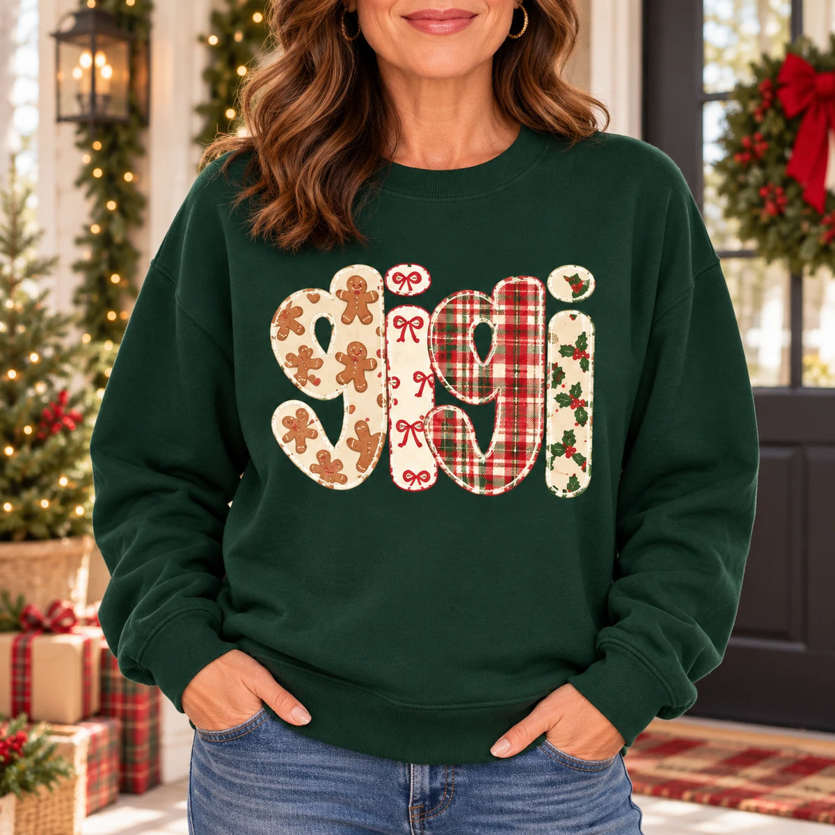 Personalized Family Name Christmas Sweatshirt for Women, Custom Mama Nana Mimi Gigi Grandma Aunt, Gingerbread Plaid Holiday Gift