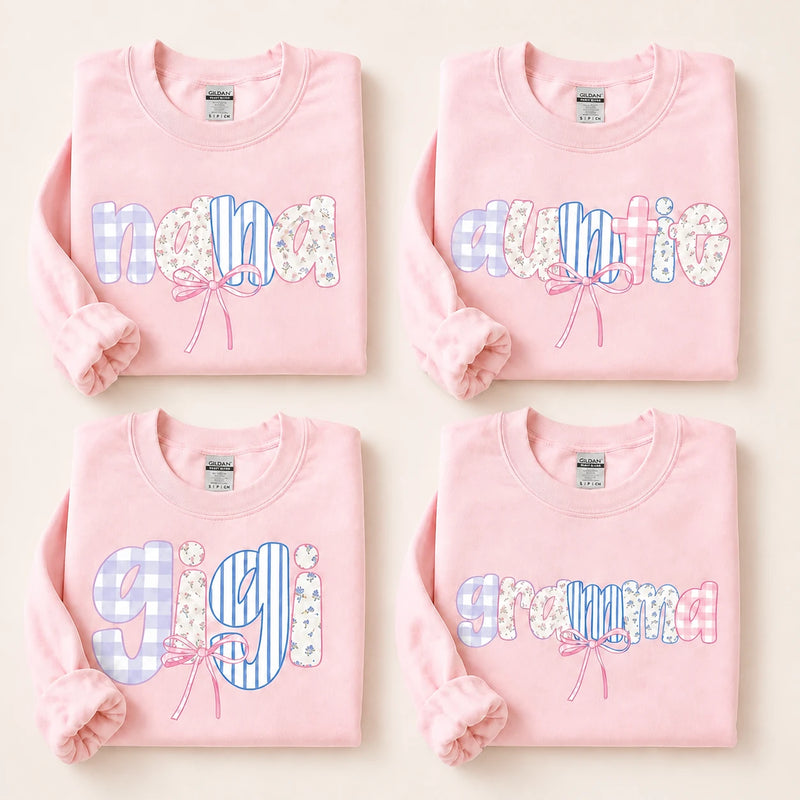 Personalized Family Name Sweatshirt, Custom Mama Mom Aunt Grandma Gigi Mimi Coquette Bow Floral Gift