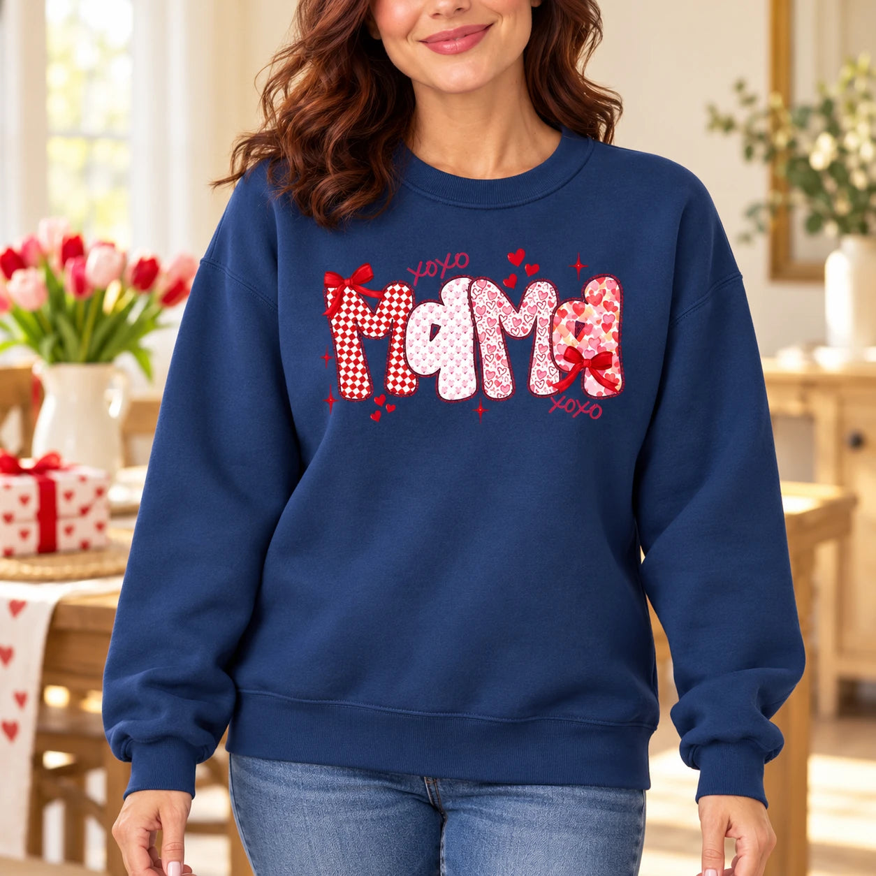Personalized Family Title Valentine Sweatshirt, Custom Mama Grandma Nana Mimi Gigi or Any Chosen Name, Pink Red Coquette Heart Bow Design, Mother's Day Gift