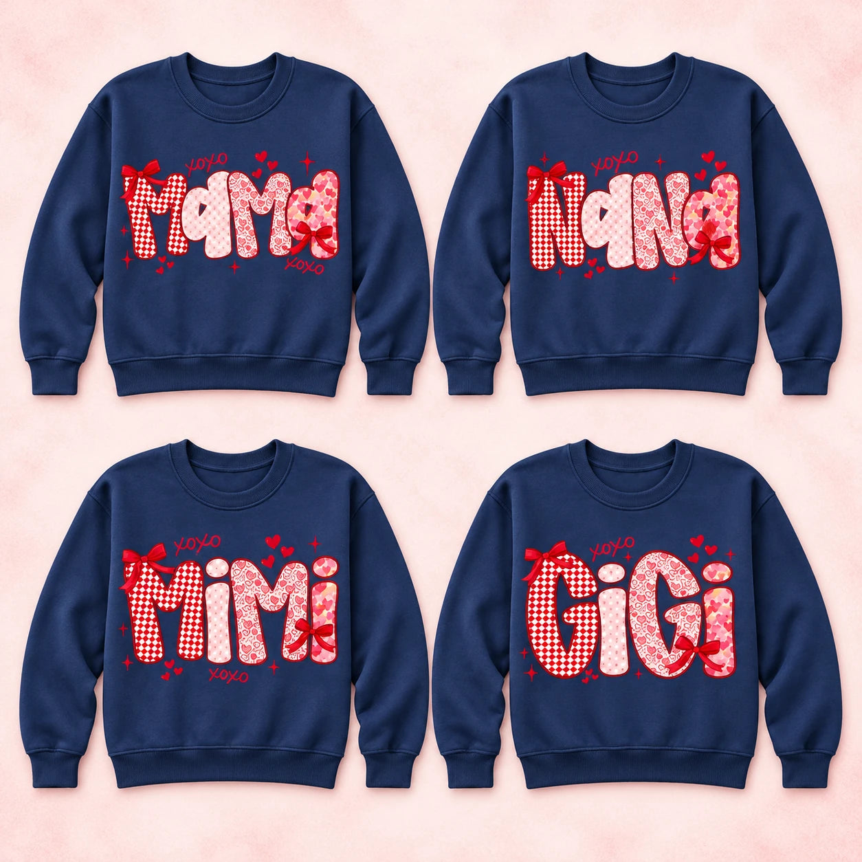 Personalized Family Title Valentine Sweatshirt, Custom Mama Grandma Nana Mimi Gigi or Any Chosen Name, Pink Red Coquette Heart Bow Design, Mother's Day Gift