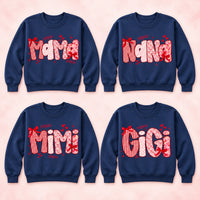 Personalized Family Title Valentine Sweatshirt, Custom Mama Grandma Nana Mimi Gigi or Any Chosen Name, Pink Red Coquette Heart Bow Design, Mother's Day Gift