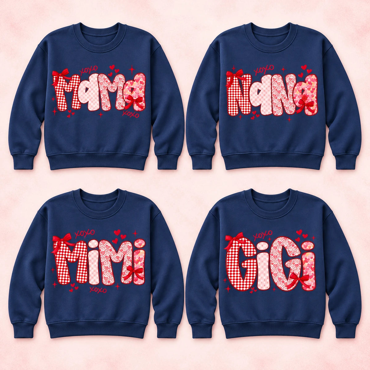Personalized Family Title Valentine Sweatshirt, Custom Mama Grandma Nana Mimi Gigi or Any Chosen Name, Pink Red Coquette Heart Bow Design, Mother's Day Gift