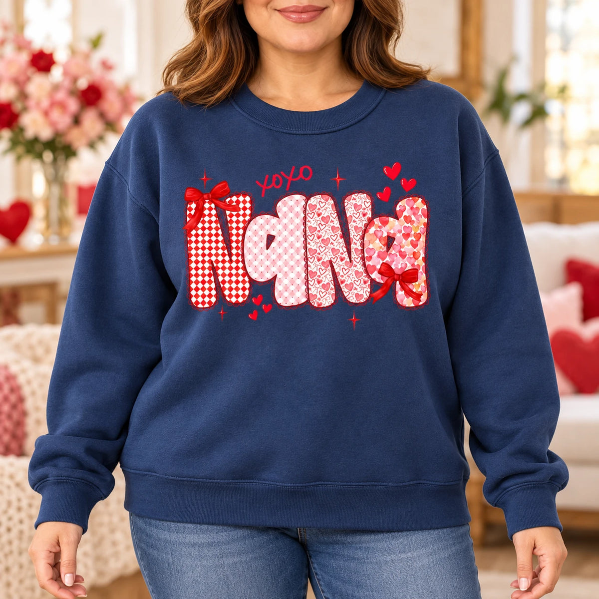 Personalized Family Title Valentine Sweatshirt, Custom Mama Grandma Nana Mimi Gigi or Any Chosen Name, Pink Red Coquette Heart Bow Design, Mother's Day Gift