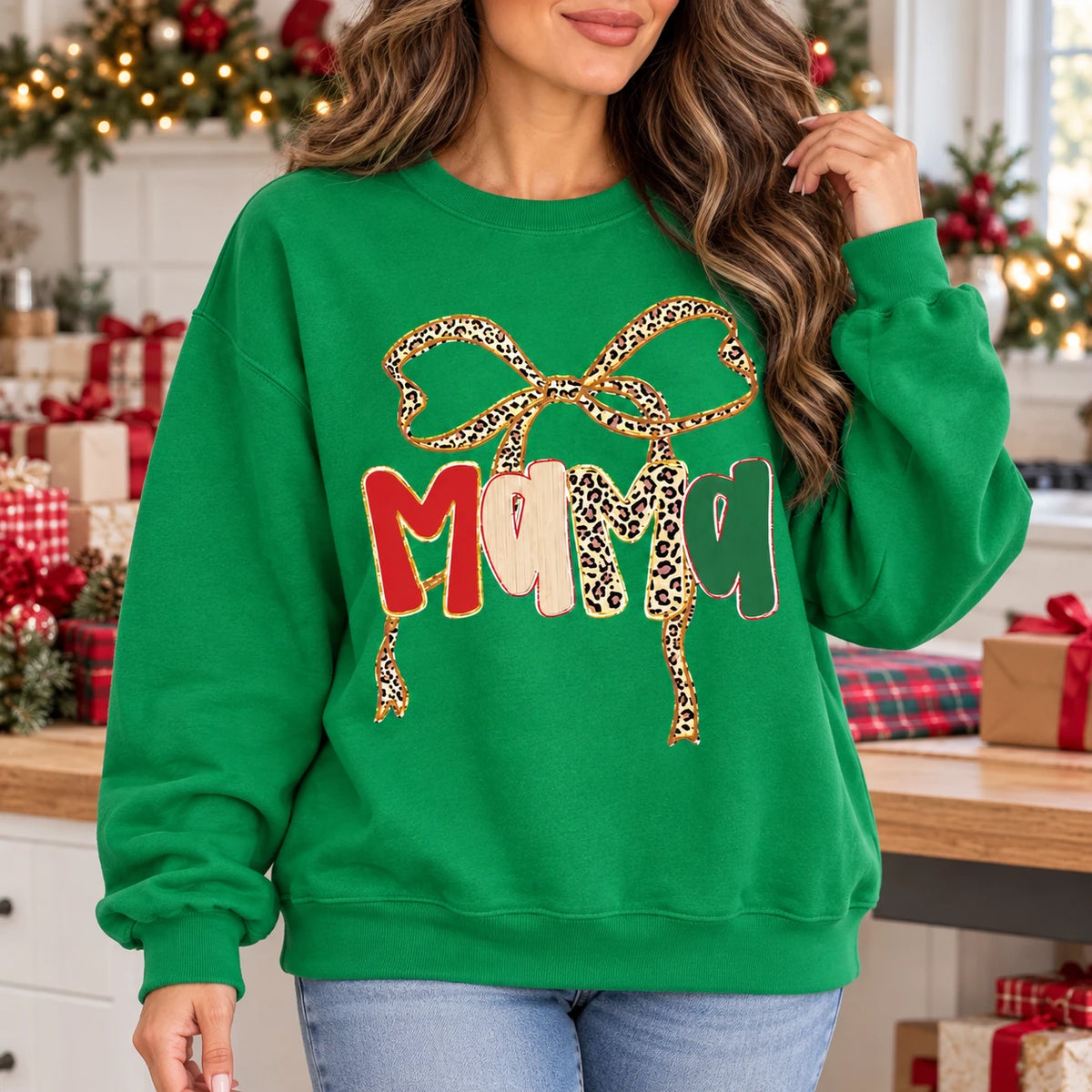 Personalized Grandma Christmas Sweatshirt, Custom Family Name Bow Holiday for Mimi Gigi Nana Mama Mom Aunt