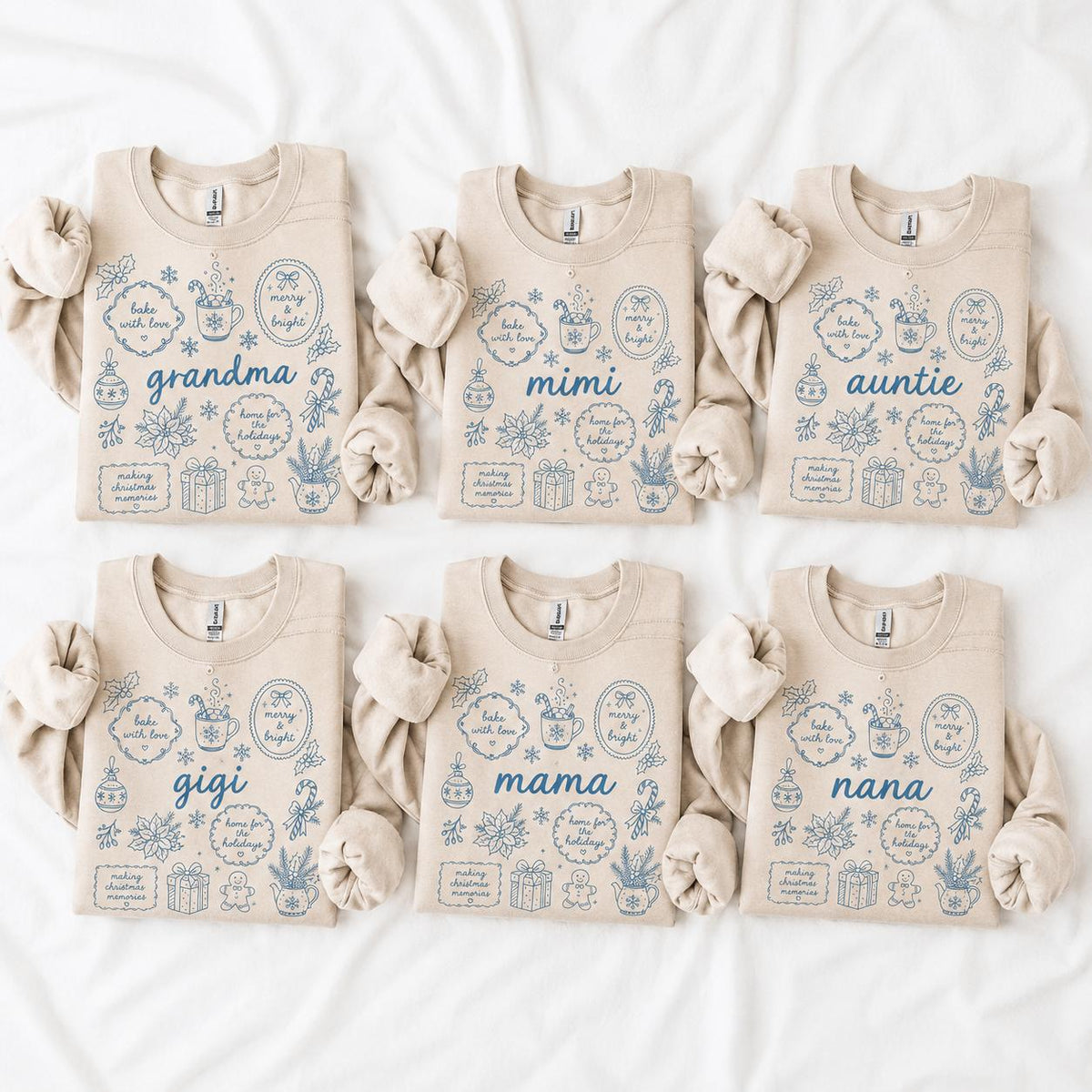 Personalized Grandma Christmas Sweatshirt, Bake With Love Merry & Bright Custom Nickname Nana Mimi Gigi Mama Auntie, Cozy Holiday Baking Women Blue Line Art