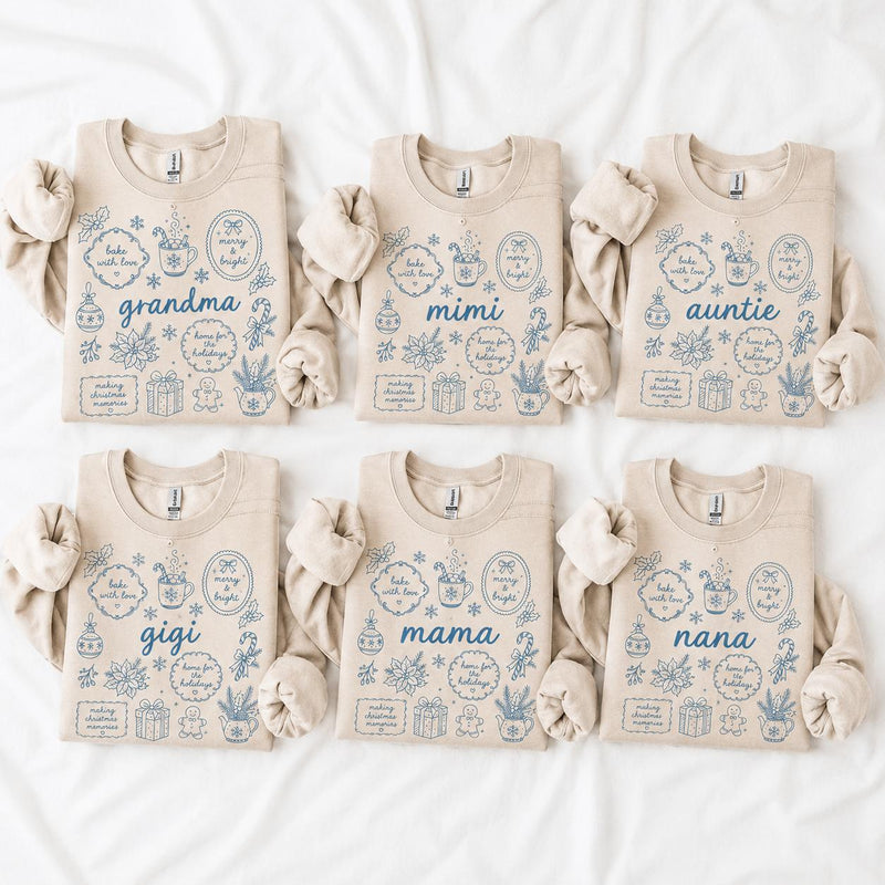 Personalized Grandma Christmas Sweatshirt, Bake With Love Merry & Bright Custom Nickname Nana Mimi Gigi Mama Auntie, Cozy Holiday Baking Women Blue Line Art