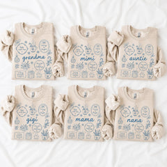 Personalized Grandma Christmas Sweatshirt, Bake With Love Merry & Bright Custom Nickname Nana Mimi Gigi Mama Auntie, Cozy Holiday Baking Women Blue Line Art