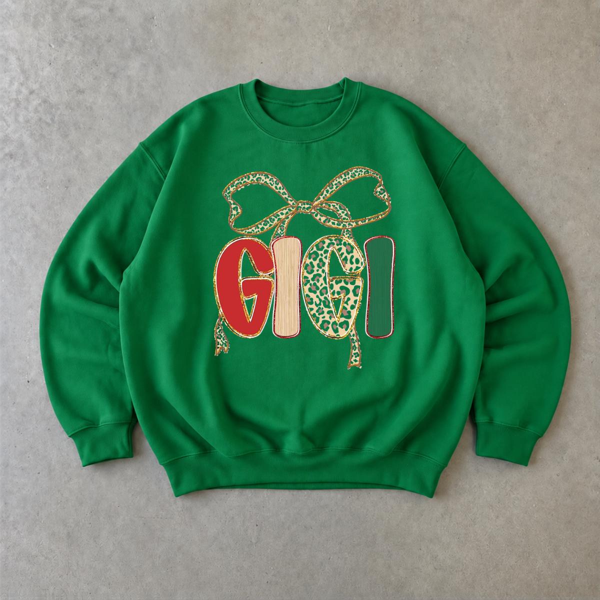 Personalized Grandma Christmas Sweatshirt, Custom Choose Your Family Name, Leopard Bow Coquette Holiday Gift for Mimi Gigi Nana Mama Mom Aunt