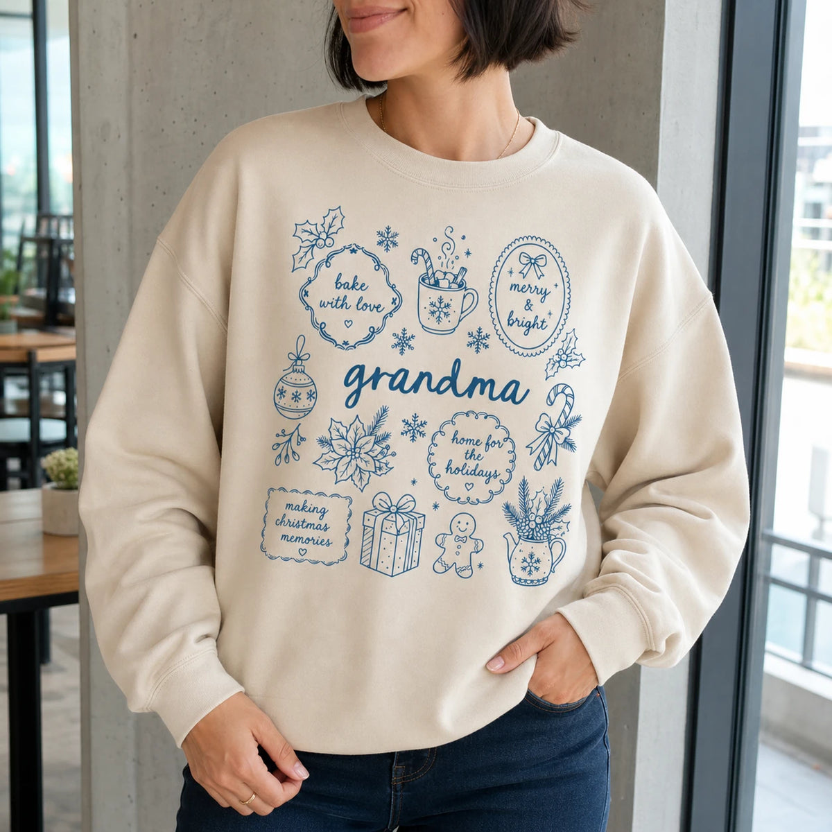 Personalized Grandma Christmas Sweatshirt, Bake With Love Merry & Bright Custom Nickname Nana Mimi Gigi Mama Auntie, Cozy Holiday Baking Women Blue Line Art