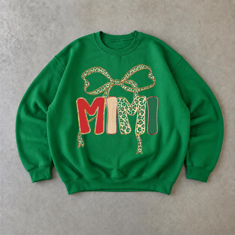 Personalized Grandma Christmas Sweatshirt, Custom Choose Your Family Name, Leopard Bow Coquette Holiday Gift for Mimi Gigi Nana Mama Mom Aunt