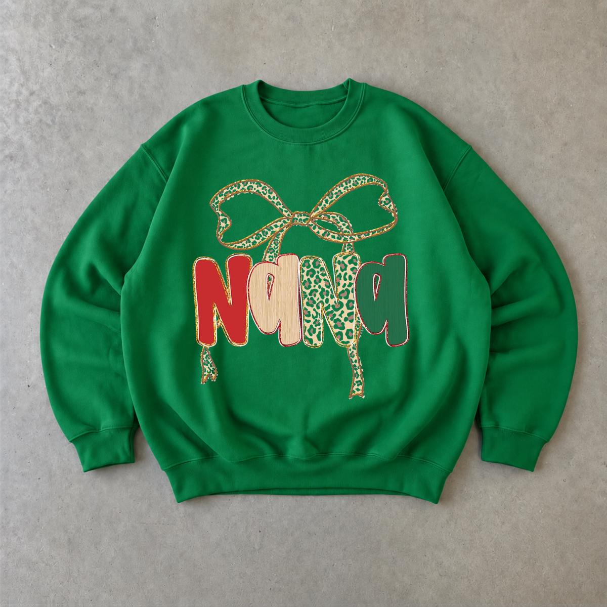 Personalized Grandma Christmas Sweatshirt, Custom Choose Your Family Name, Leopard Bow Coquette Holiday Gift for Mimi Gigi Nana Mama Mom Aunt