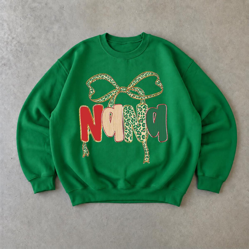 Personalized Grandma Christmas Sweatshirt, Custom Choose Your Family Name, Leopard Bow Coquette Holiday Gift for Mimi Gigi Nana Mama Mom Aunt