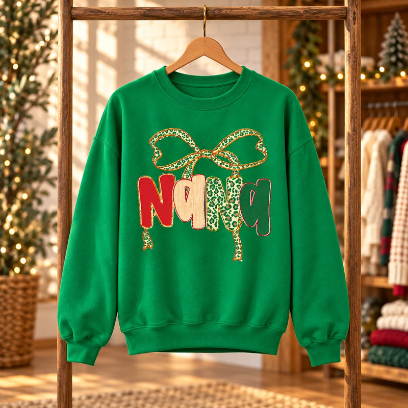 Personalized Grandma Christmas Sweatshirt, Custom Family Name Bow Holiday for Mimi Gigi Nana Mama Mom Aunt
