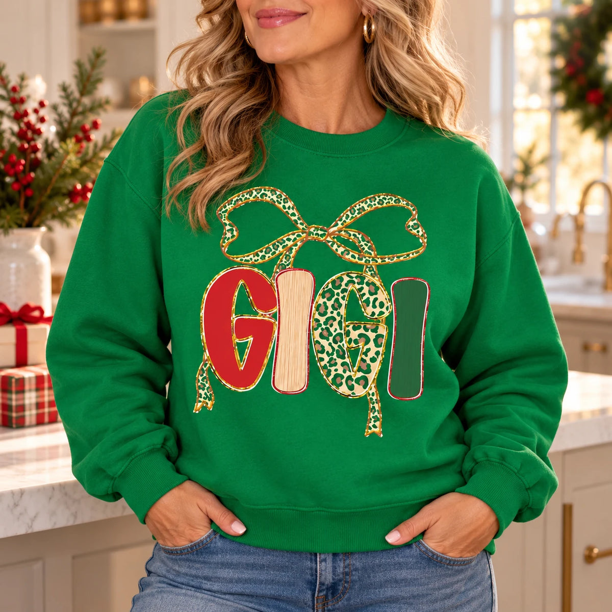 Personalized Grandma Christmas Sweatshirt, Custom Family Name Bow Holiday for Mimi Gigi Nana Mama Mom Aunt