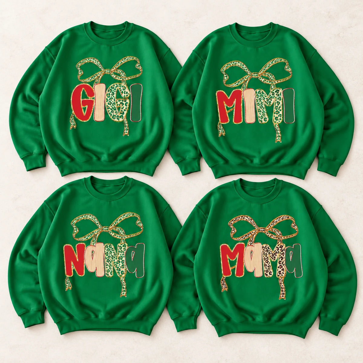 Personalized Grandma Christmas Sweatshirt, Custom Family Name Bow Holiday for Mimi Gigi Nana Mama Mom Aunt