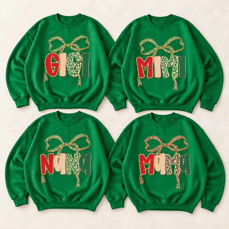 Personalized Grandma Christmas Sweatshirt, Custom Family Name Bow Holiday for Mimi Gigi Nana Mama Mom Aunt