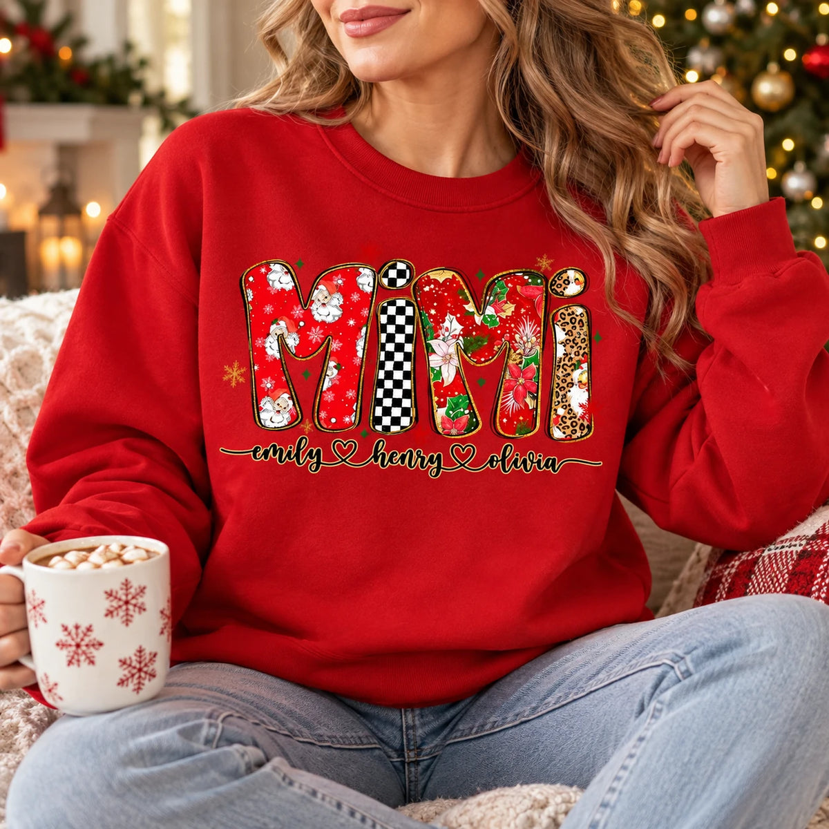 Personalized Grandma Christmas Sweatshirt with Kids’ Names, Retro Santa Snowflake Family Title Gift
