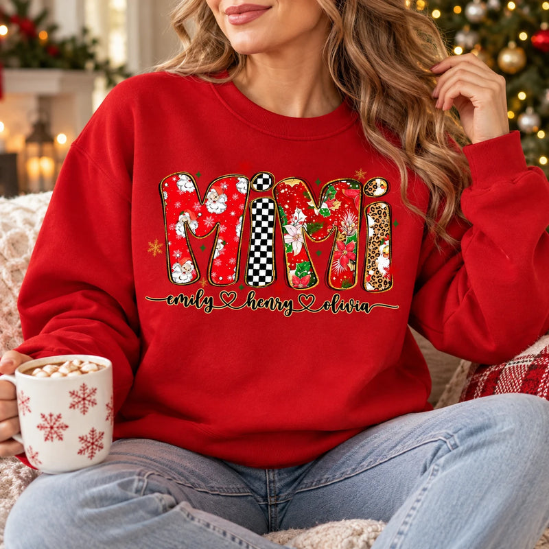Personalized Grandma Christmas Sweatshirt with Kids’ Names, Retro Santa Snowflake Family Title Gift