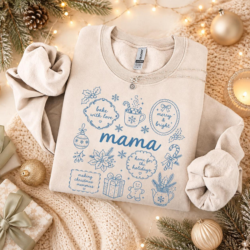 Personalized Grandma Christmas Sweatshirt, Bake With Love Merry & Bright Custom Nickname Nana Mimi Gigi Mama Auntie, Cozy Holiday Baking Women Blue Line Art