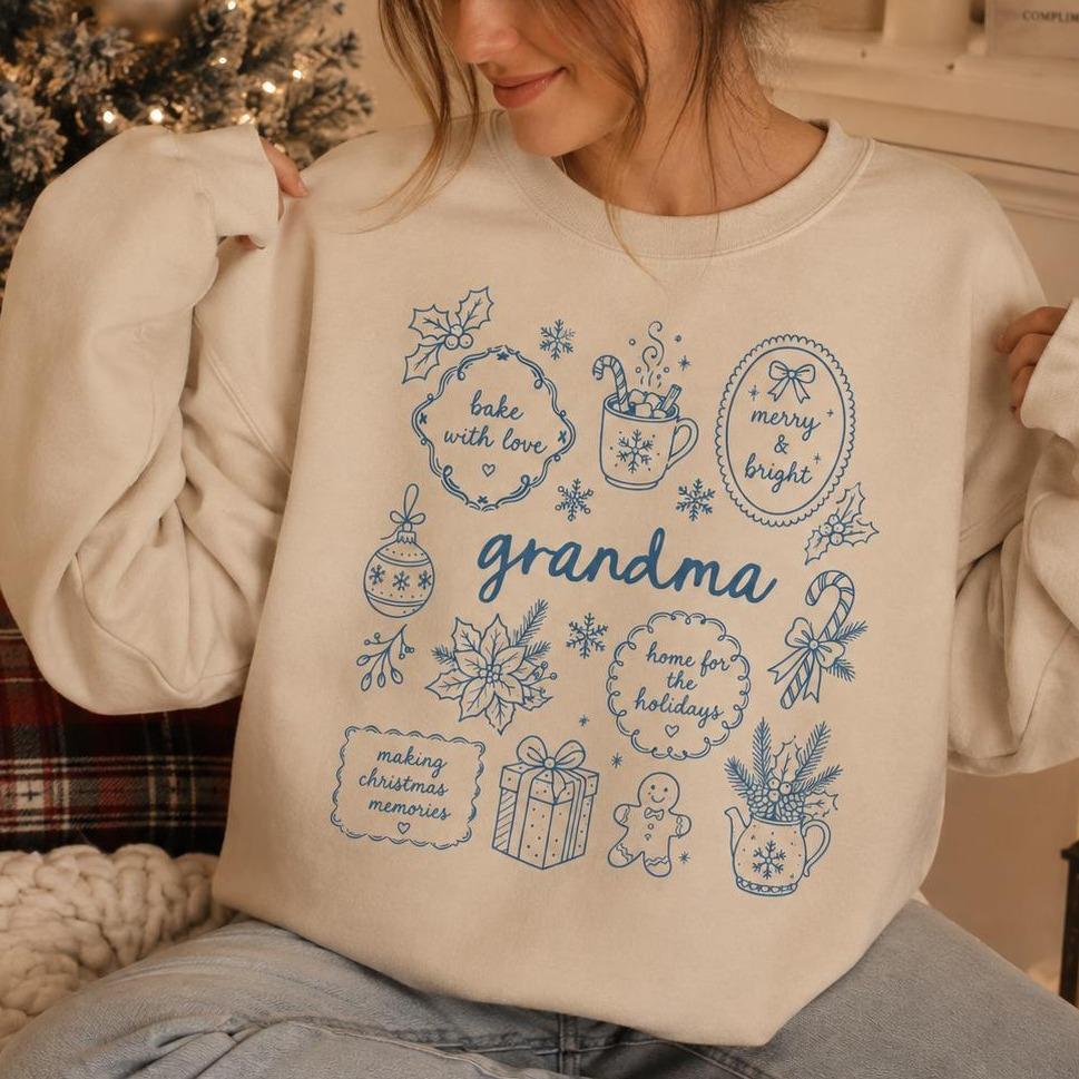 Personalized Grandma Christmas Sweatshirt, Bake With Love Merry & Bright Custom Nickname Nana Mimi Gigi Mama Auntie, Cozy Holiday Baking Women Blue Line Art