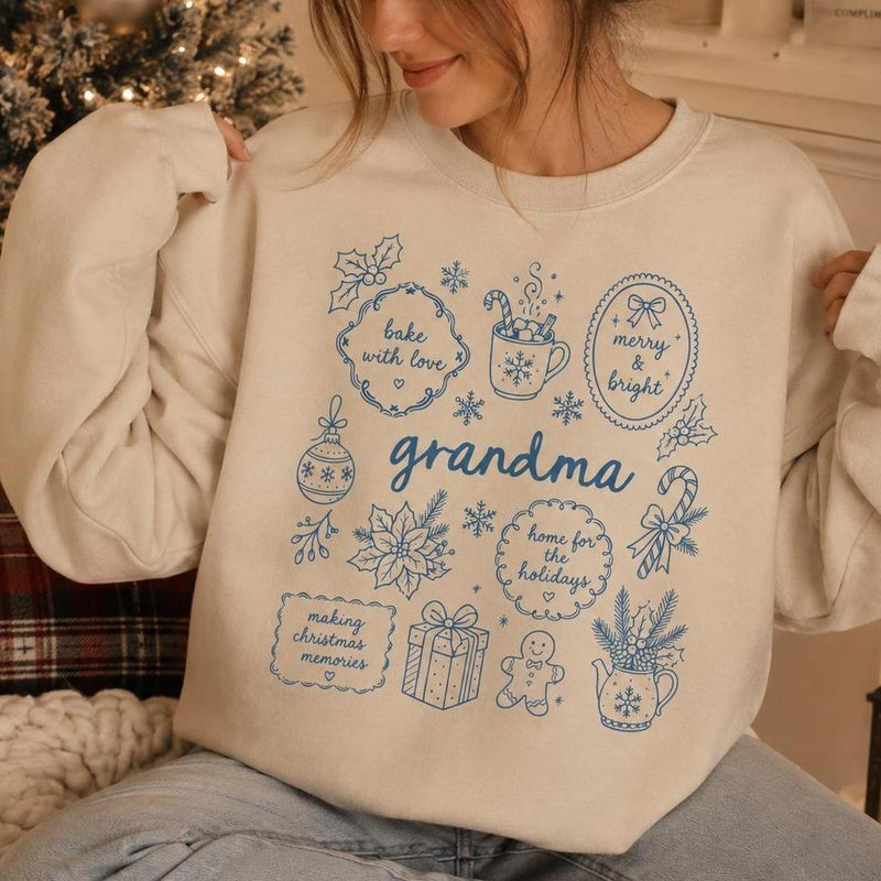 Personalized Grandma Christmas Sweatshirt, Bake With Love Merry & Bright Custom Nickname Nana Mimi Gigi Mama Auntie, Cozy Holiday Baking Women Blue Line Art