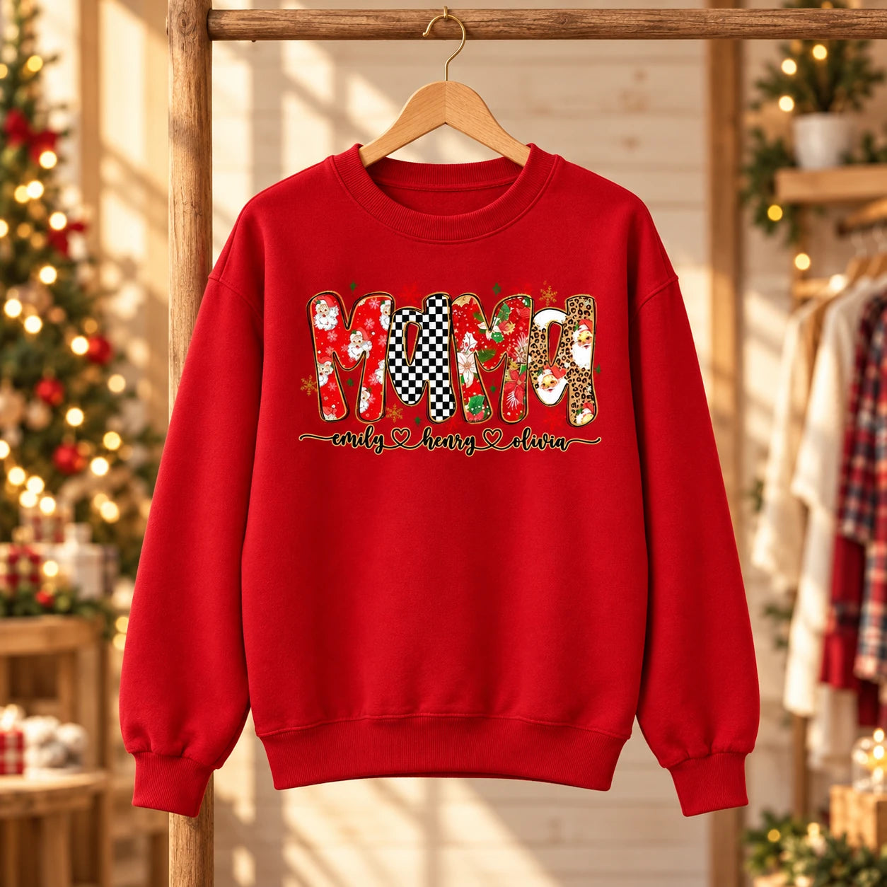 Personalized Grandma Christmas Sweatshirt with Kids’ Names, Retro Santa Snowflake Family Title Gift