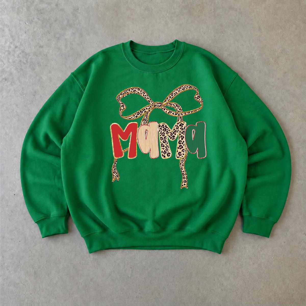 Personalized Grandma Christmas Sweatshirt, Custom Choose Your Family Name, Leopard Bow Coquette Holiday Gift for Mimi Gigi Nana Mama Mom Aunt