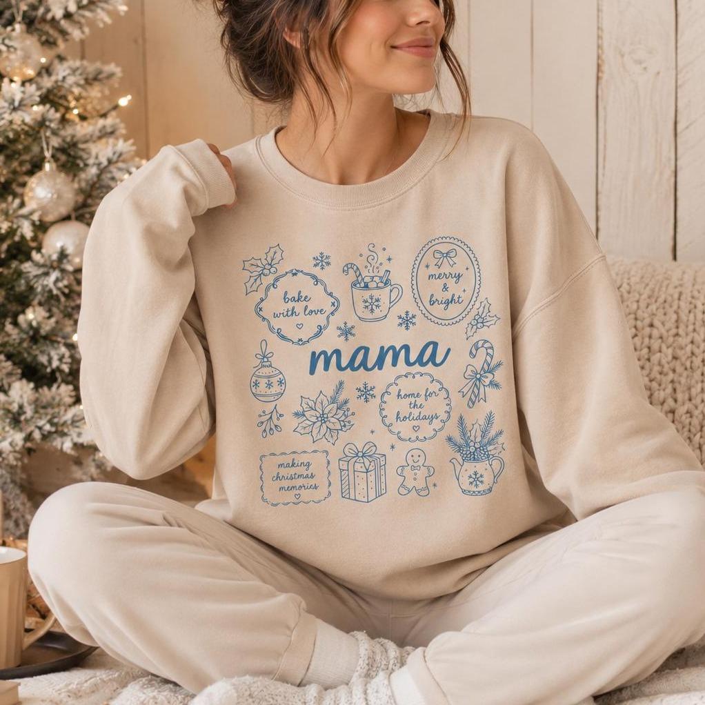 Personalized Grandma Christmas Sweatshirt, Bake With Love Merry & Bright Custom Nickname Nana Mimi Gigi Mama Auntie, Cozy Holiday Baking Women Blue Line Art