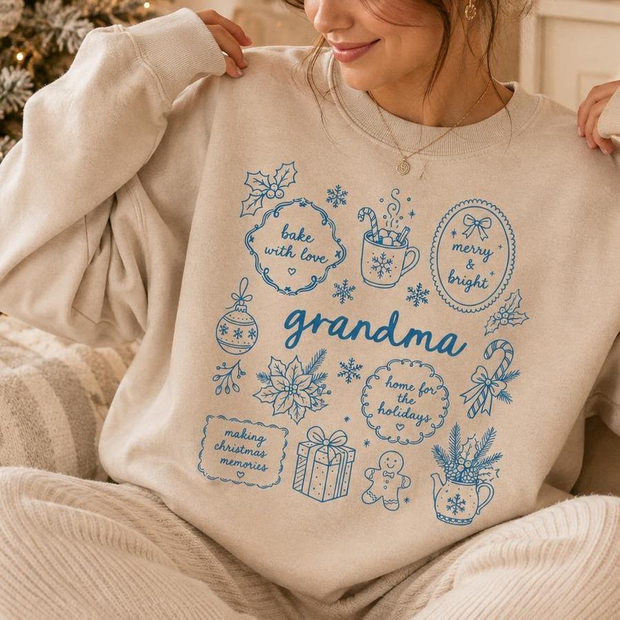 Personalized Grandma Christmas Sweatshirt, Bake With Love Merry & Bright Custom Nickname Nana Mimi Gigi Mama Auntie, Cozy Holiday Baking Women Blue Line Art