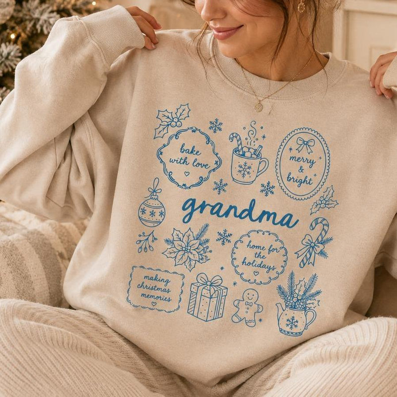 Personalized Grandma Christmas Sweatshirt, Bake With Love Merry & Bright Custom Nickname Nana Mimi Gigi Mama Auntie, Cozy Holiday Baking Women Blue Line Art