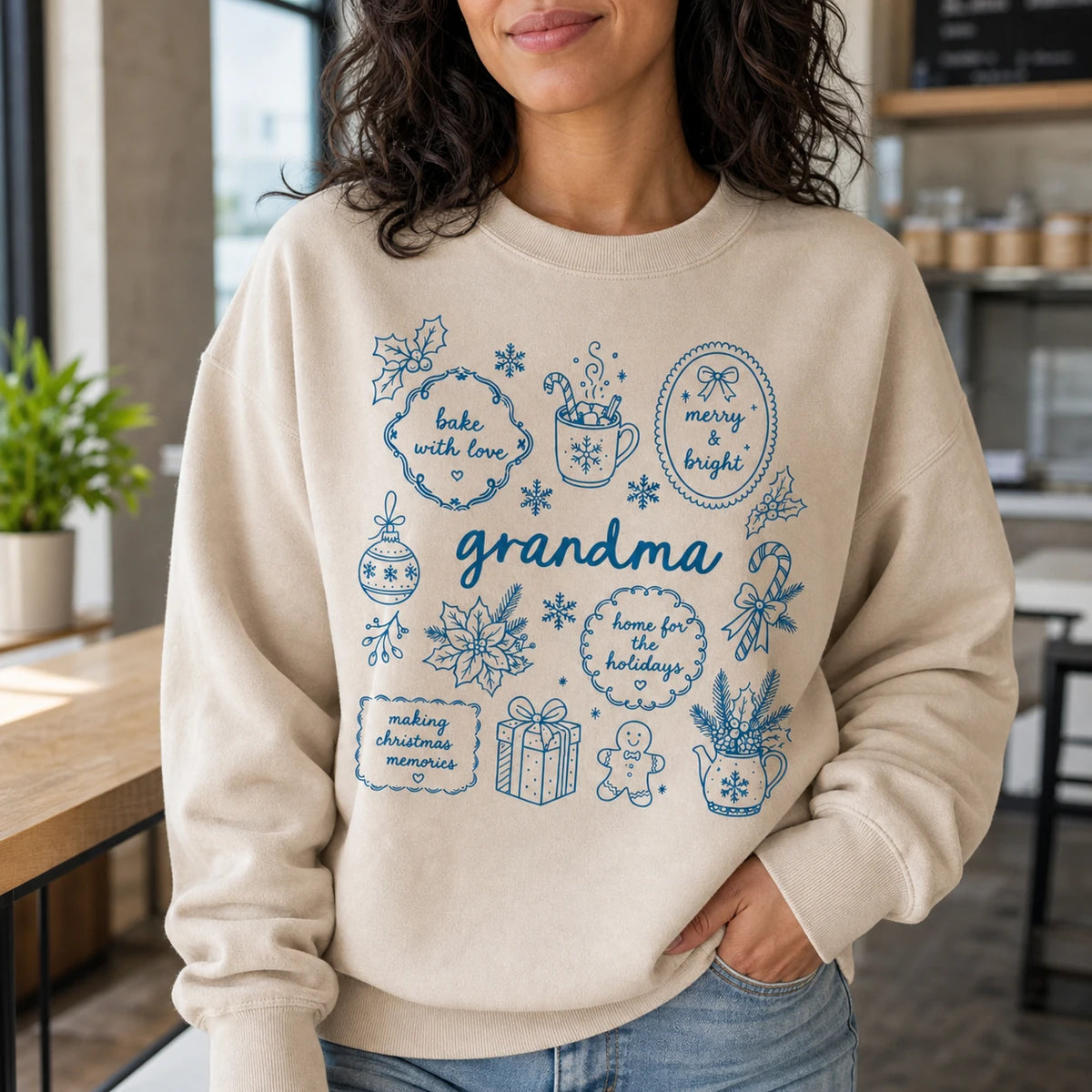 Personalized Grandma Christmas Sweatshirt, Bake With Love Merry & Bright Custom Nickname Nana Mimi Gigi Mama Auntie, Cozy Holiday Baking Women Blue Line Art