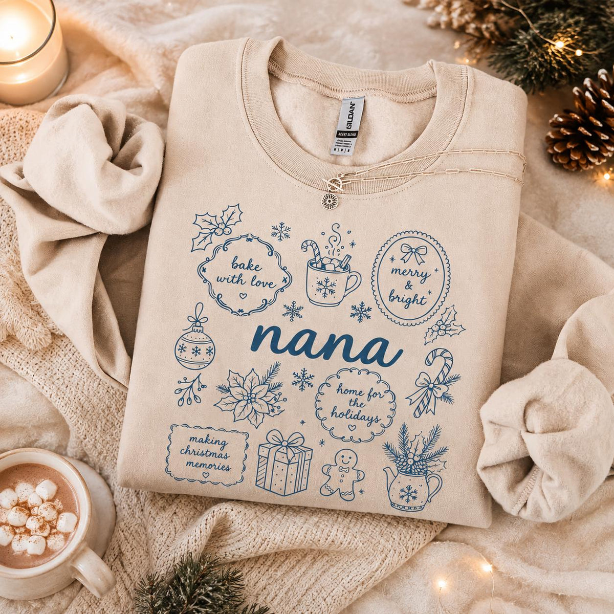 Personalized Grandma Christmas Sweatshirt, Bake With Love Merry & Bright Custom Nickname Nana Mimi Gigi Mama Auntie, Cozy Holiday Baking Women Blue Line Art