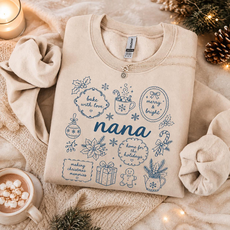 Personalized Grandma Christmas Sweatshirt, Bake With Love Merry & Bright Custom Nickname Nana Mimi Gigi Mama Auntie, Cozy Holiday Baking Women Blue Line Art