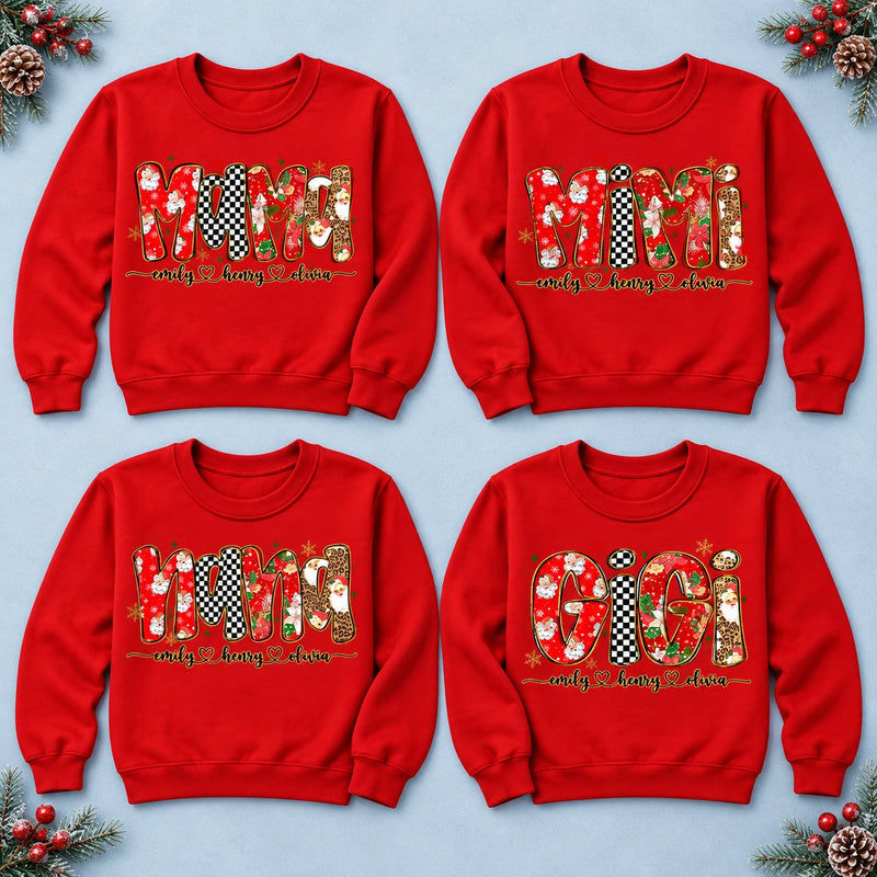 Personalized Grandma Christmas Sweatshirt with Kids’ Names, Retro Santa Snowflake Family Title Gift