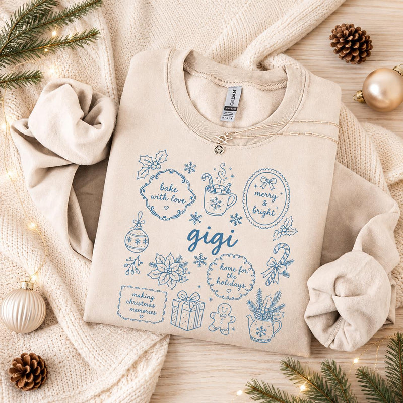 Personalized Grandma Christmas Sweatshirt, Bake With Love Merry & Bright Custom Nickname Nana Mimi Gigi Mama Auntie, Cozy Holiday Baking Women Blue Line Art
