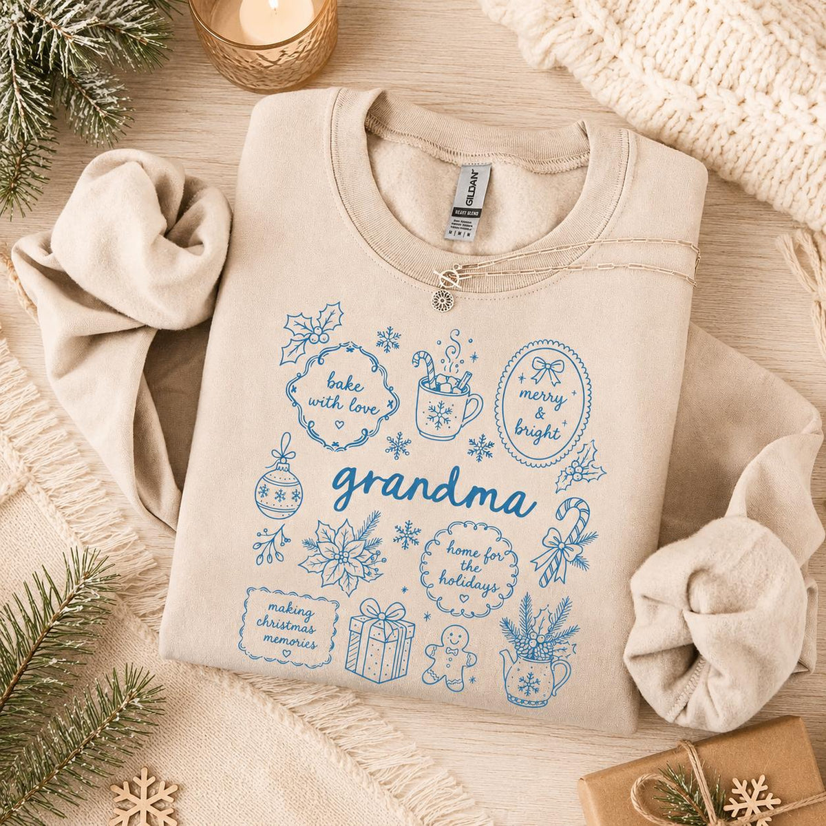Personalized Grandma Christmas Sweatshirt, Bake With Love Merry & Bright Custom Nickname Nana Mimi Gigi Mama Auntie, Cozy Holiday Baking Women Blue Line Art