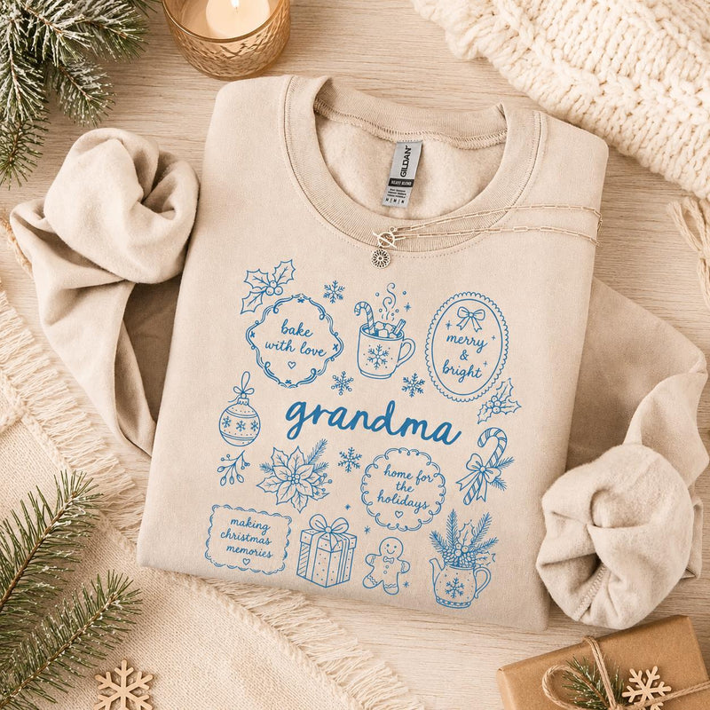 Personalized Grandma Christmas Sweatshirt, Bake With Love Merry & Bright Custom Nickname Nana Mimi Gigi Mama Auntie, Cozy Holiday Baking Women Blue Line Art