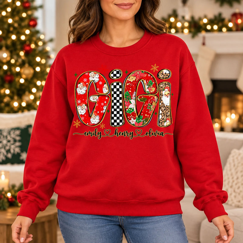 Personalized Grandma Christmas Sweatshirt with Kids’ Names, Retro Santa Snowflake Family Title Gift